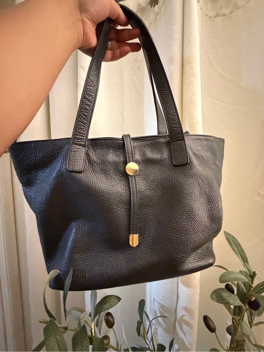 Black Pebbled Leather Tote with Gold Accent